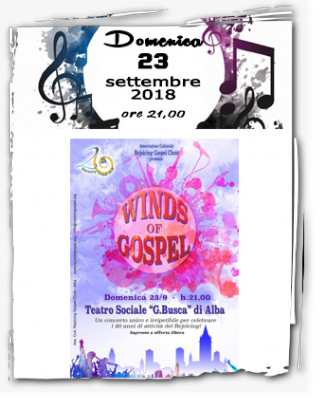 locandina del concerto winds of gospel tenuto dal rejoicing gopsel choir al teatro sociale nel 2018
